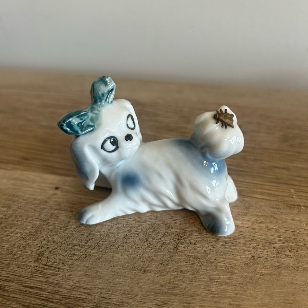 Porcelain Blue and White Puppy Dog Figurine - Decorative Home Accent
